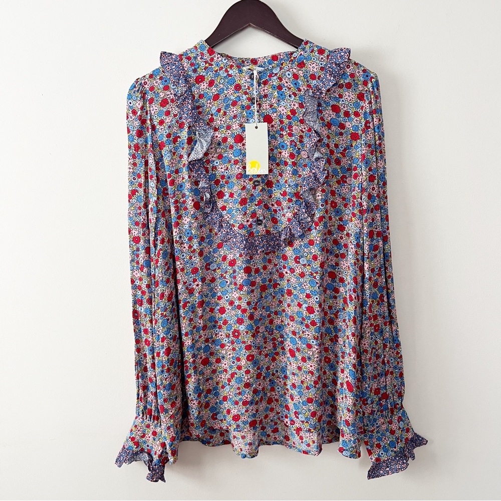 Boden Frilly Printed Popover 1/2 Button Front Blouse Size 14 NEW Blue Floral
